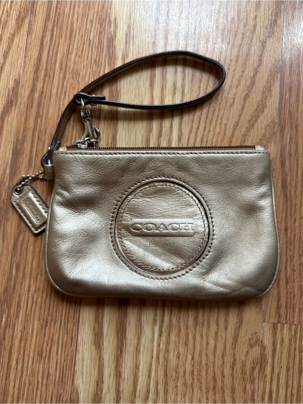 Coach Metallic Gold Leather Wristlet Clutch / Bag Charm
